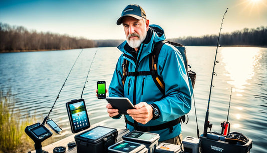 how a fisherman standing on the shore of a lake, surrounded by various digital devices and gadgets, such as a smartphone, tablet and smartwatch.  